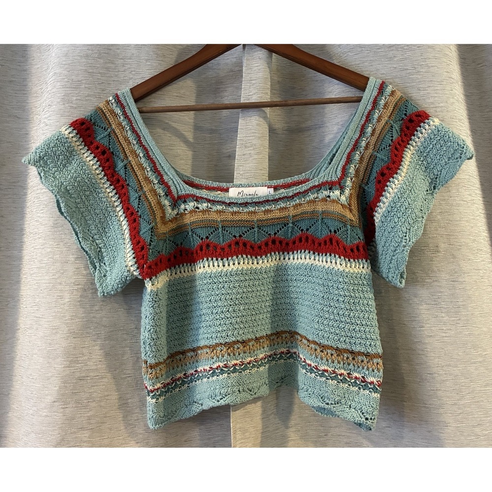 Miracle Colorful Cropped Crochet Pullover Top Sz Large